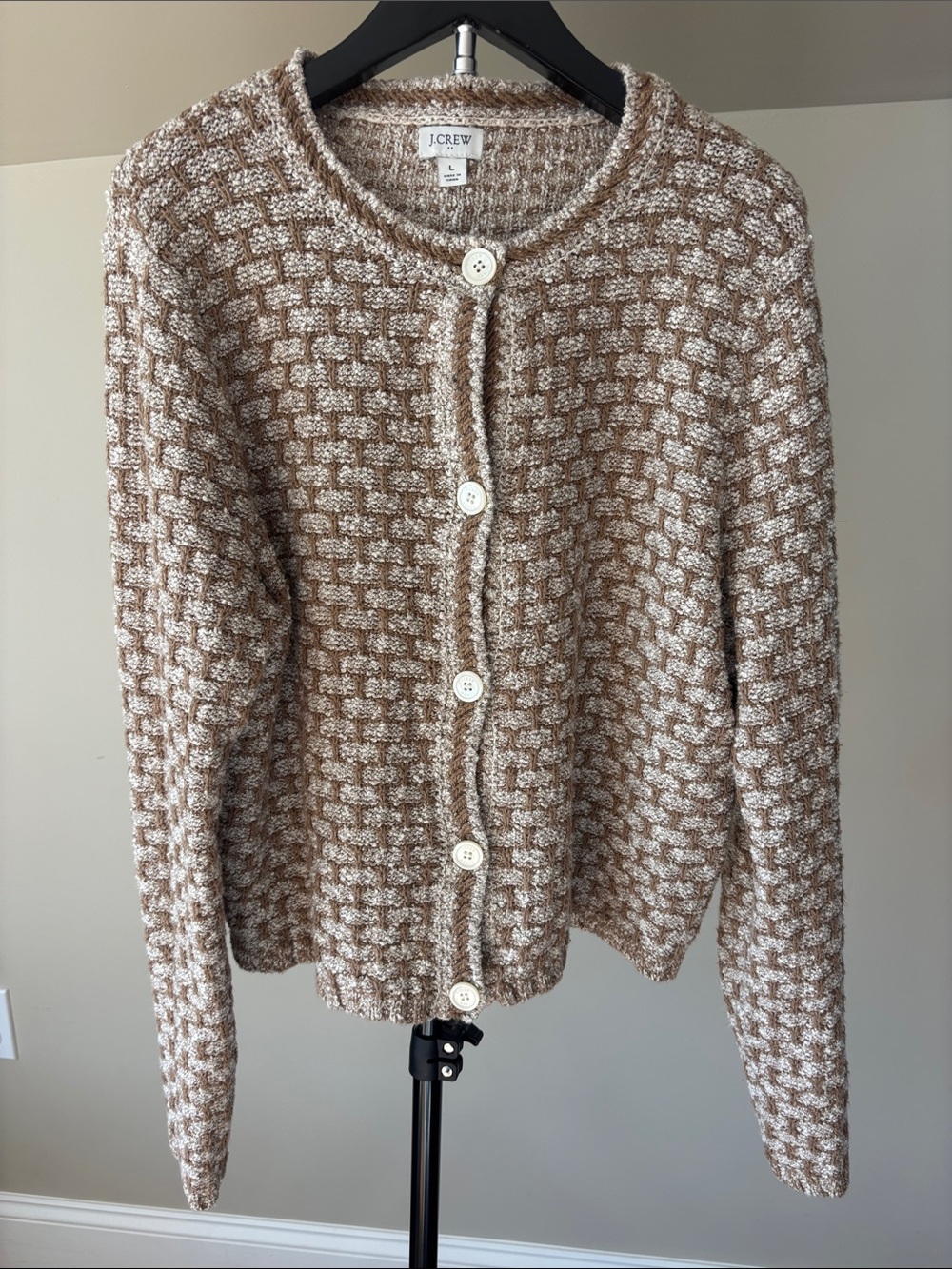 J. Crew Brown and Cream Woven-Texture Button Cardigan